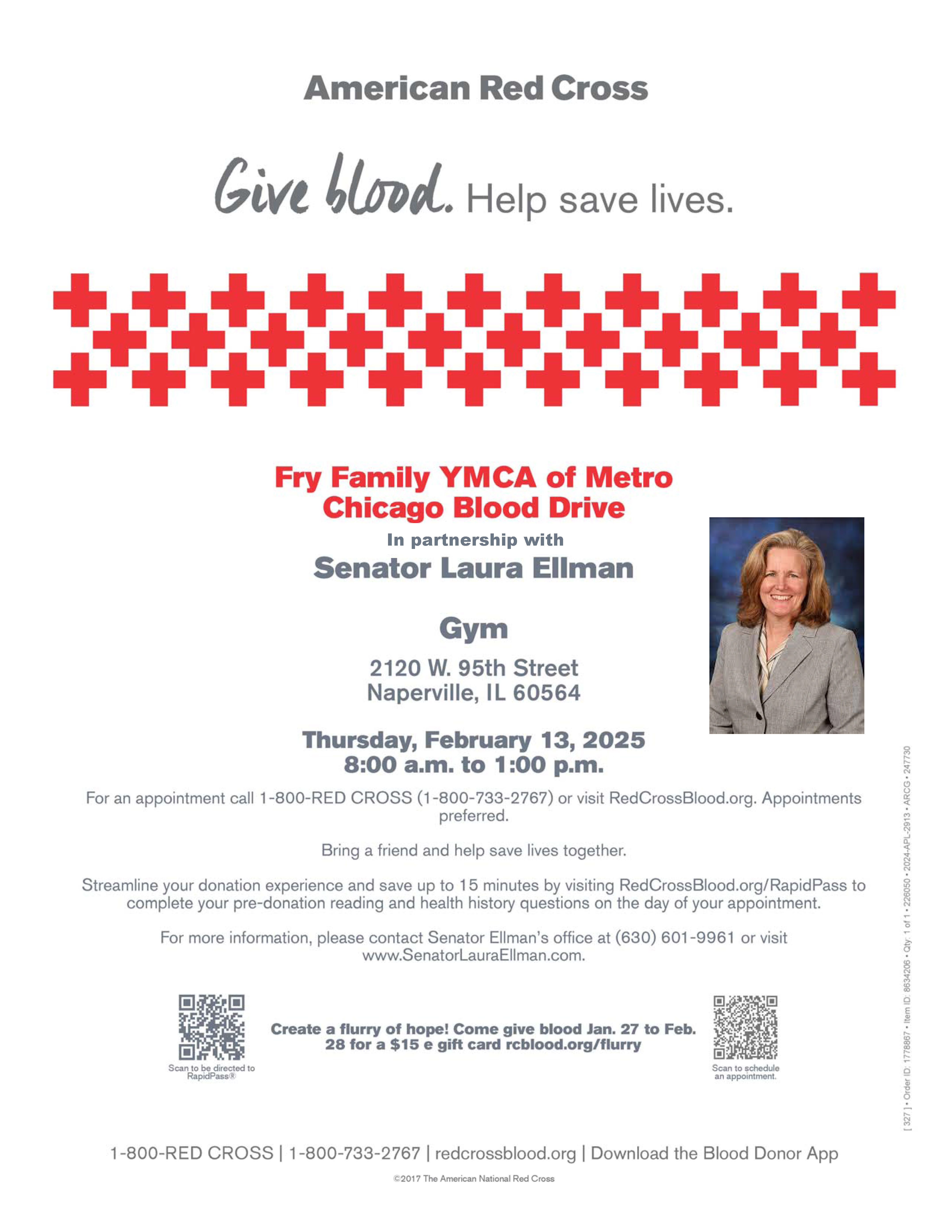 Fry Family YMCA of Metro Chicago Blood Drive on Thursday, February 13th from 8 a.m. to 1 p.m.