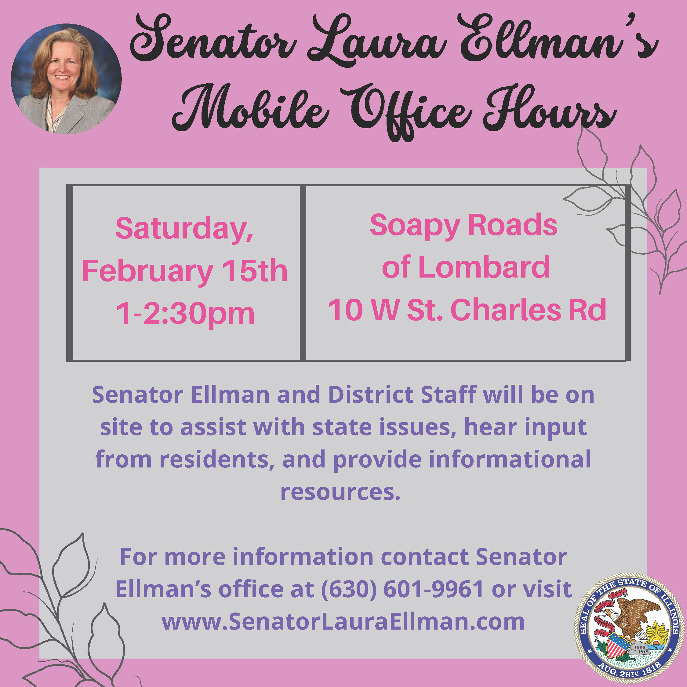 Mobile Office Hours with Soapy Roads of Lombard on Saturday, February 15 from 1 to 2:30 p.m.